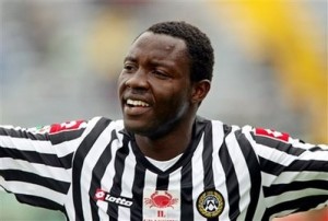 Udinese's Kwadwo Asamoah of Ghana reacts after scoring during a Serie A soccer match between Udinese and Fiorentina in Udine, Italy, Sunday, April 19, 2009. (AP Photo/Franco Debernardi)